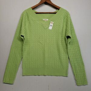 NWT Vintage Talbots Cable Knit Sweater Large Lime Green V-Neck Made in Japan